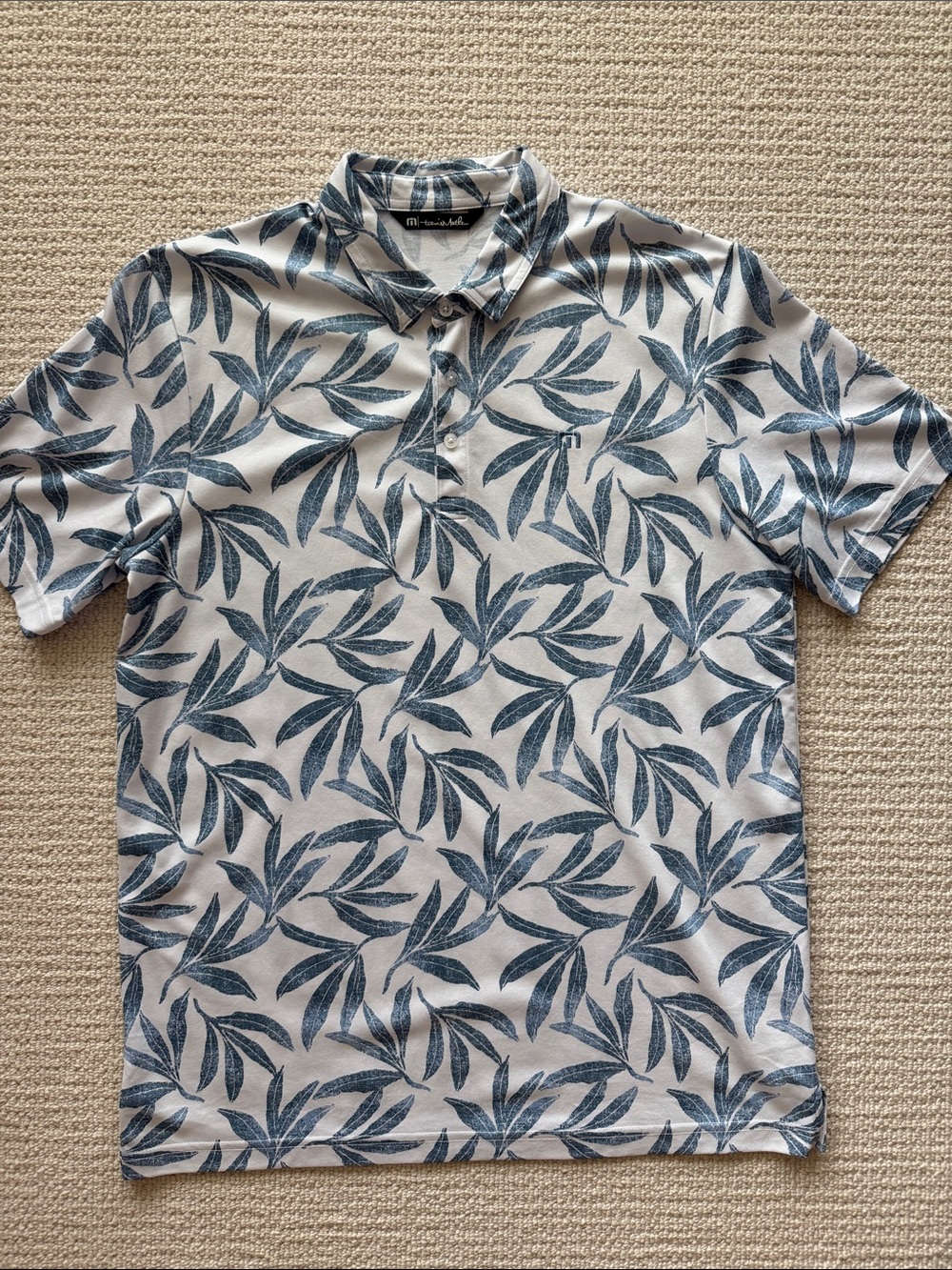 TravisMathew White Polo with Blue Leaf Print